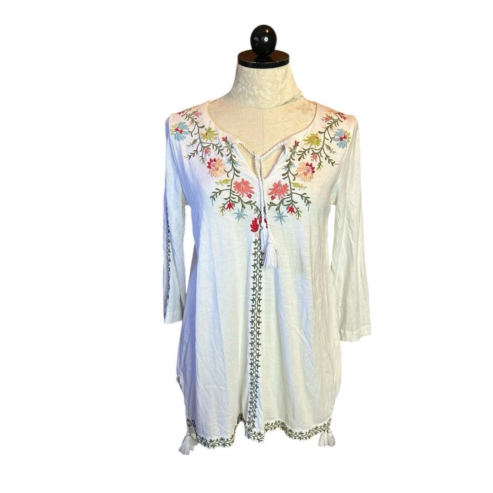 J. Jill Women's Peasant Boho Blouse Size XS 3/4 Sleeves Top Embroidered White